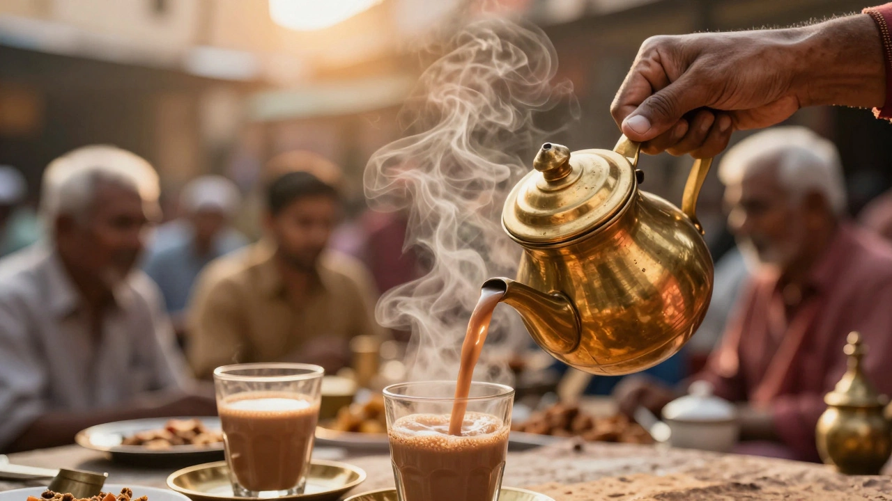Chai being poured from brass kettle for diverse customers
