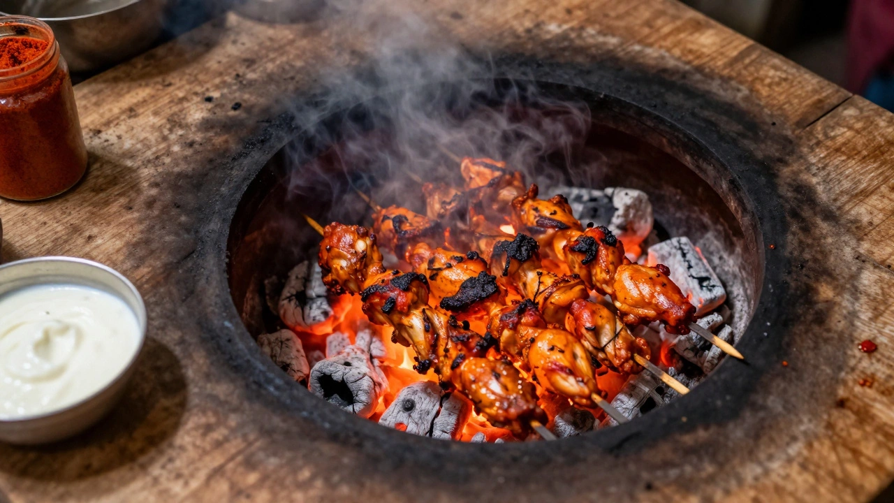 Chicken skewers roasting in a traditional tandoor oven, glowing with natural orange-red color.