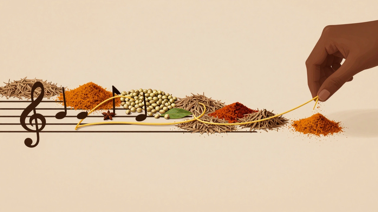 Golden turmeric oil weaving through spices like a flavor symphony.