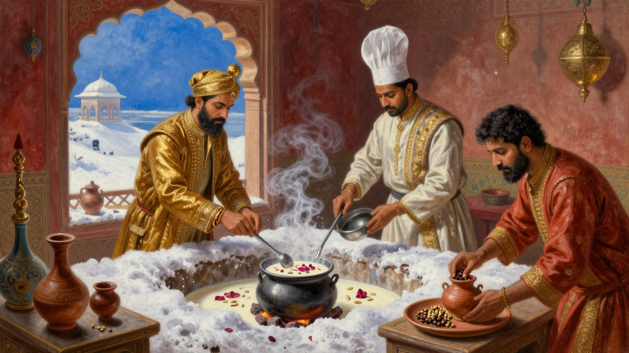 Mughal chefs in a historical kitchen adapting a Persian frozen milk dessert with Indian spices.