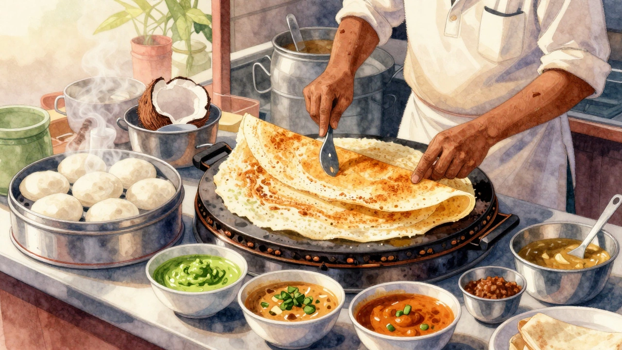 Tamil Nadu dosa stall with idli, chutney and sambar at dawn