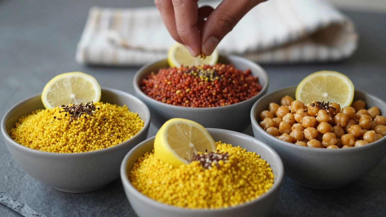 Three types of Indian dals served in small bowls with lemon wedges and cumin tadka, on a wooden countertop.