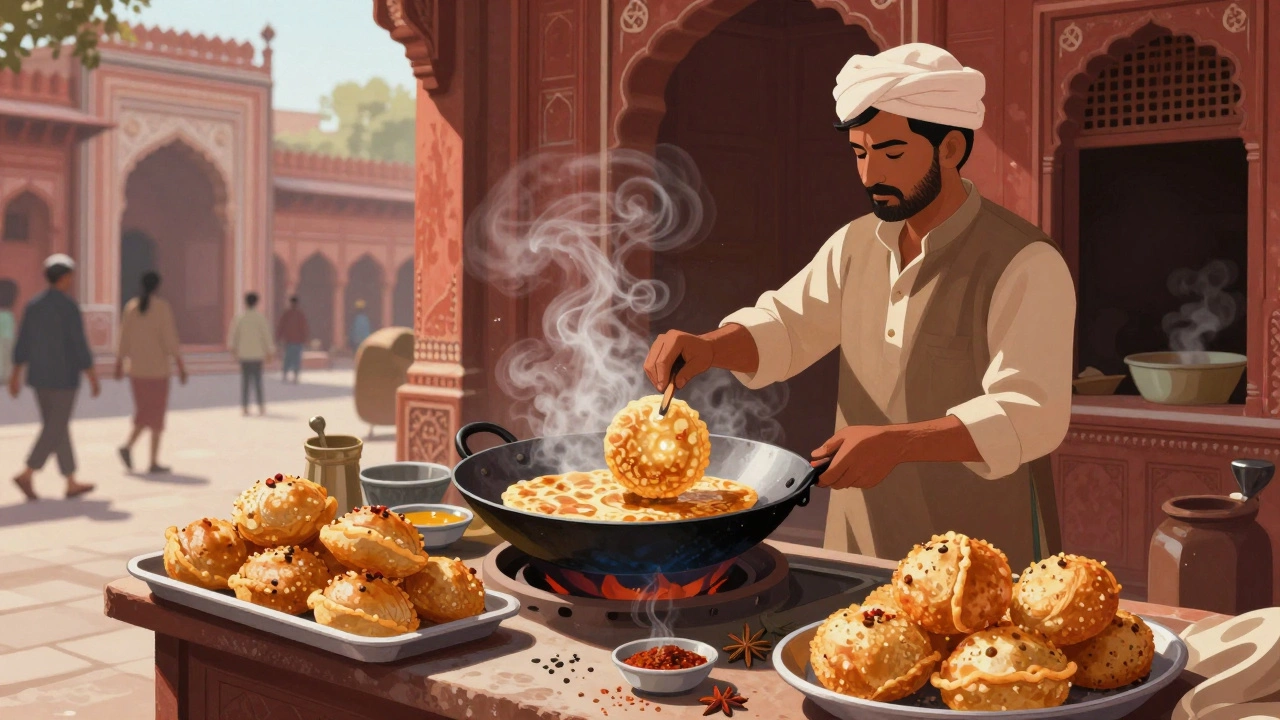 A Delhi street vendor frying kachori and serving aloo tikki in bustling Chandni Chowk.