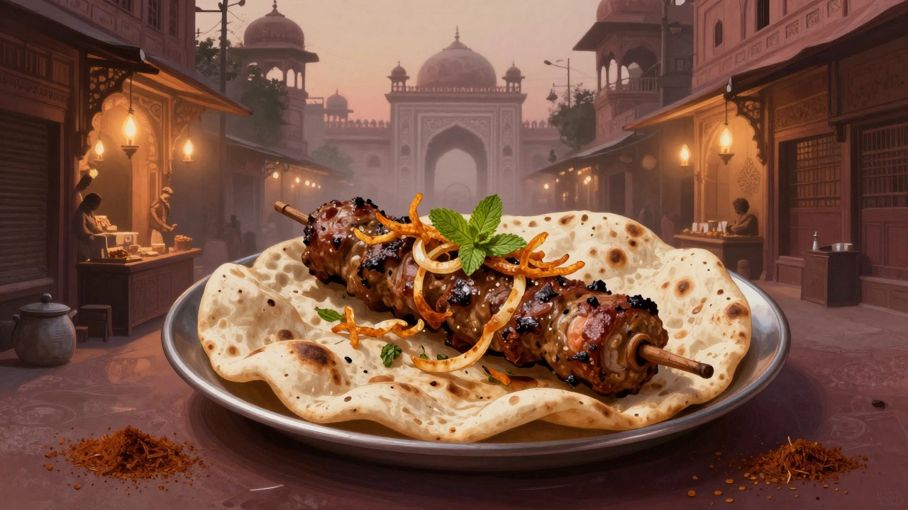 A galouti kebab on rumali roti in Lucknow's Hazratganj lane under soft candlelight.