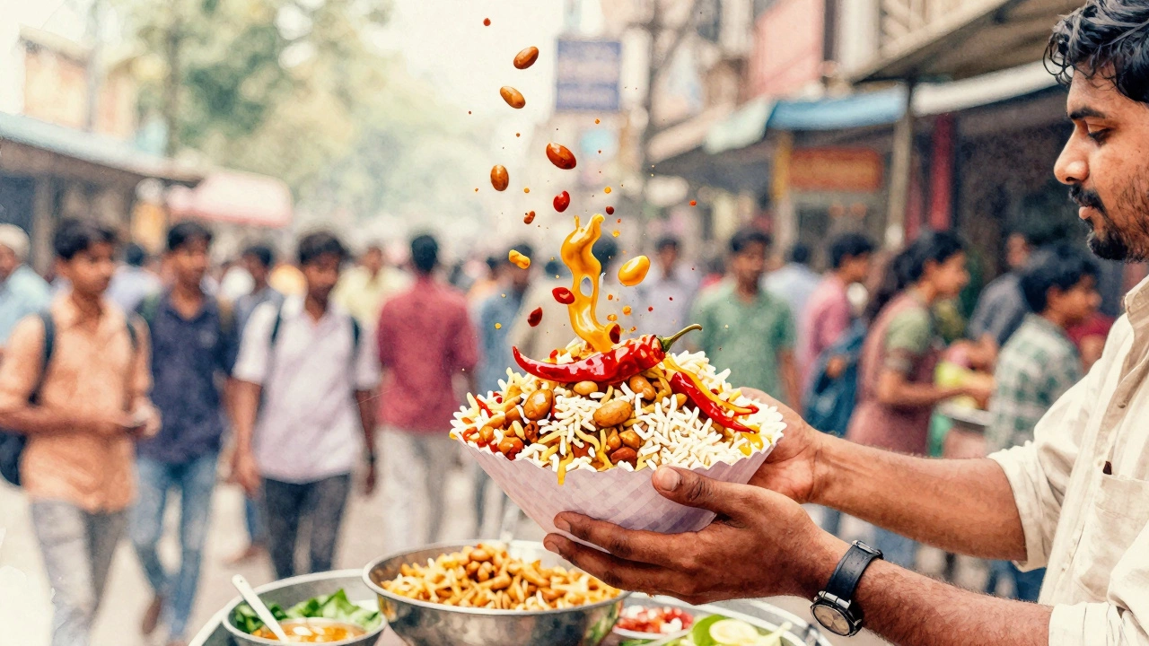 A vendor tossing jhal muri in a paper cone in Kolkata, ingredients swirling in the air.