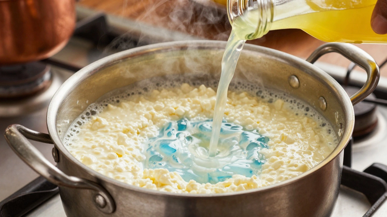 Boiling milk in a pot separating into white curds and clear whey