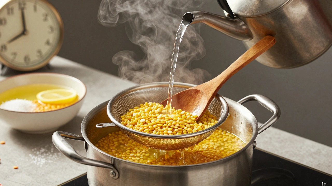 Chef draining soaked dal into a pot as steam rises, with lemon and salt nearby.
