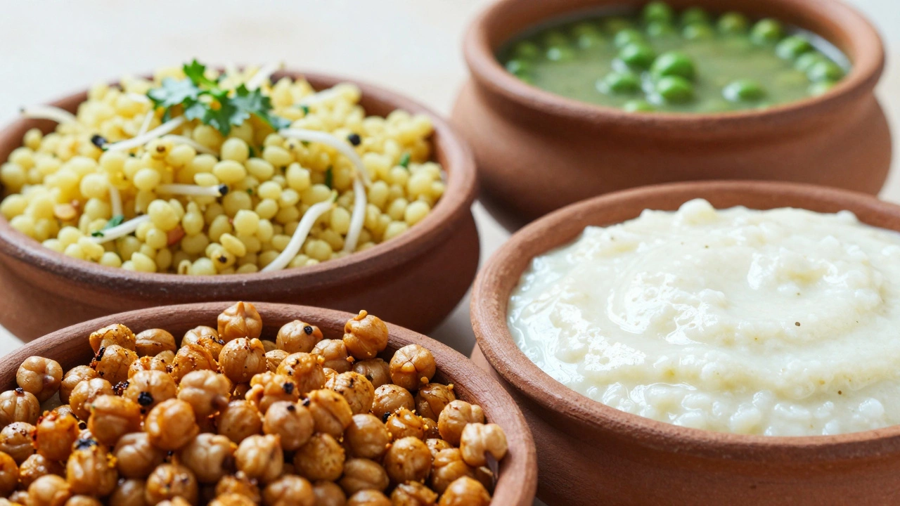 Close-up of roasted makhana, sprouted moong, and peas soup in bowls