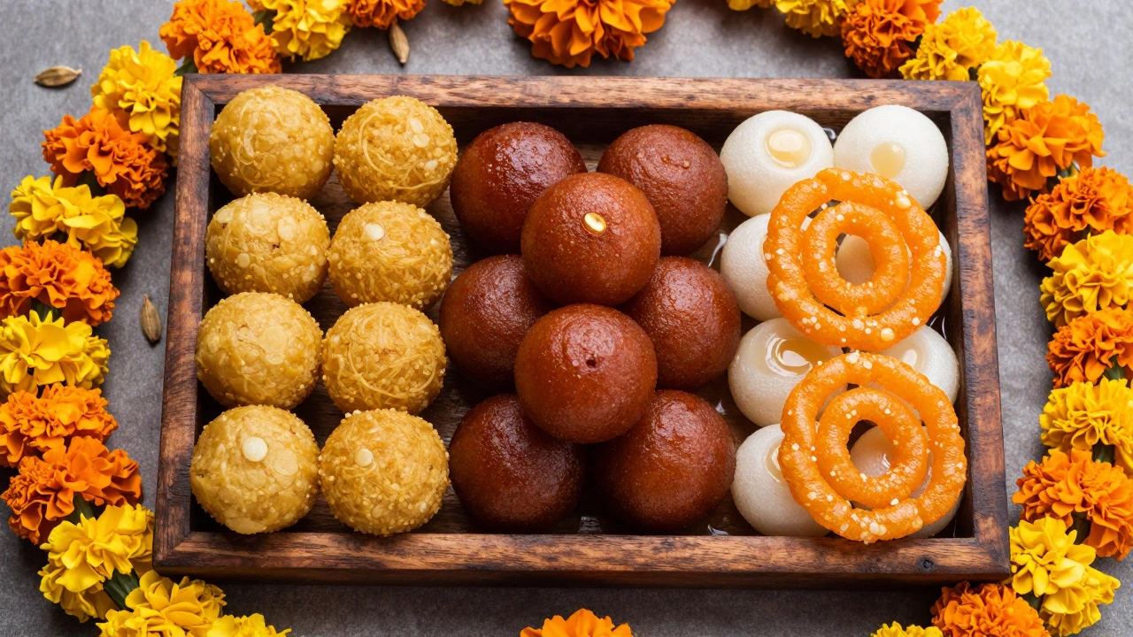 Colorful Indian sweets including Laddu and Jalebi on wood tray