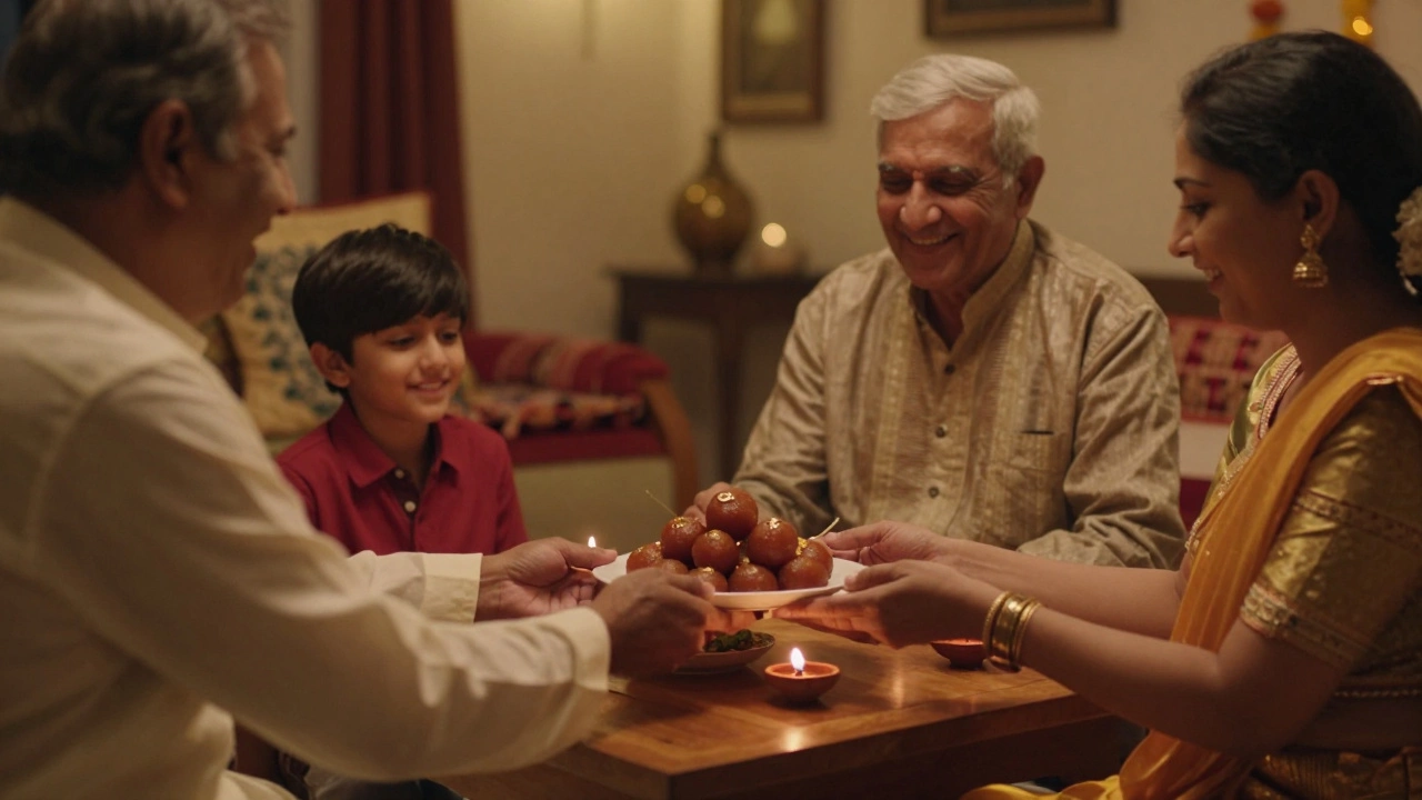 Family sharing sweet dessert plate at a warm festival gathering