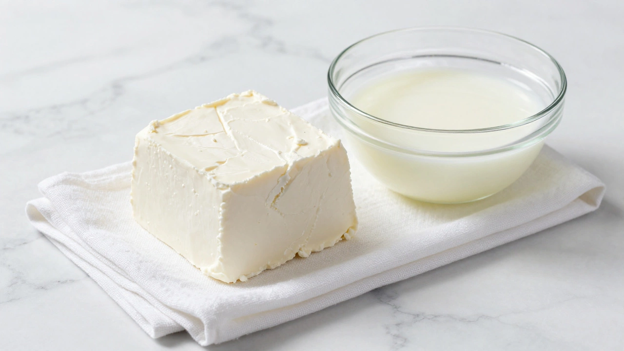 Fresh block of paneer cheese beside a bowl of whey liquid