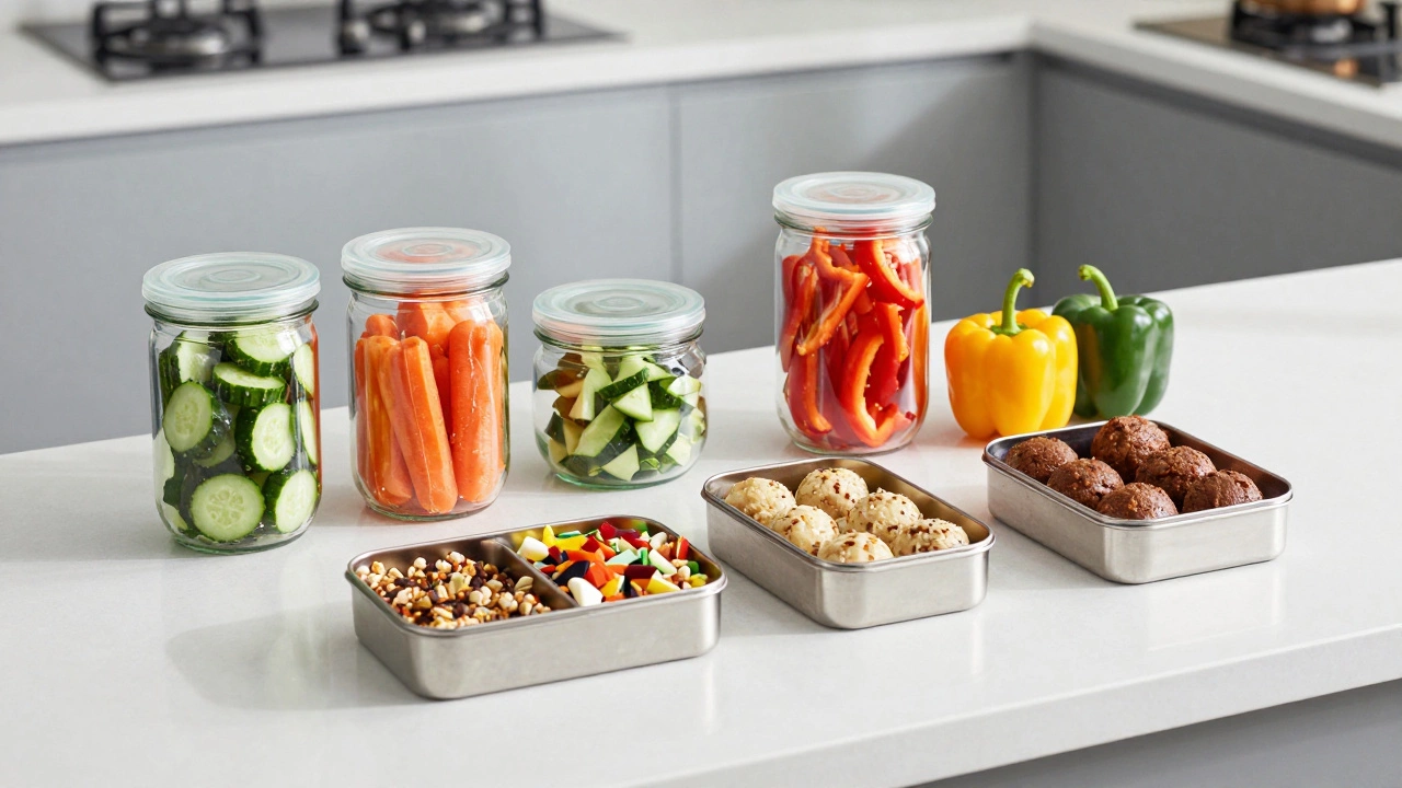Glass jars with cut vegetables and tiffin boxes for meal prep