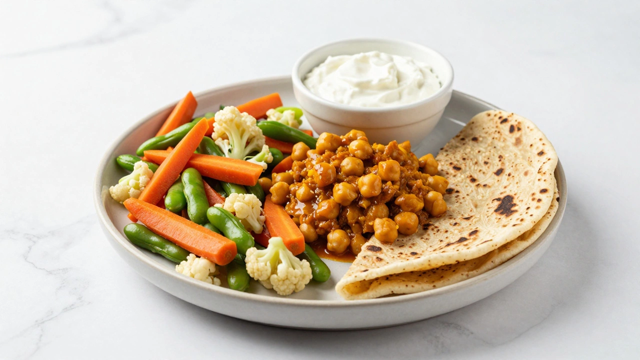 A balanced Indian meal plate with vegetables, chickpea curry, and millet roti.