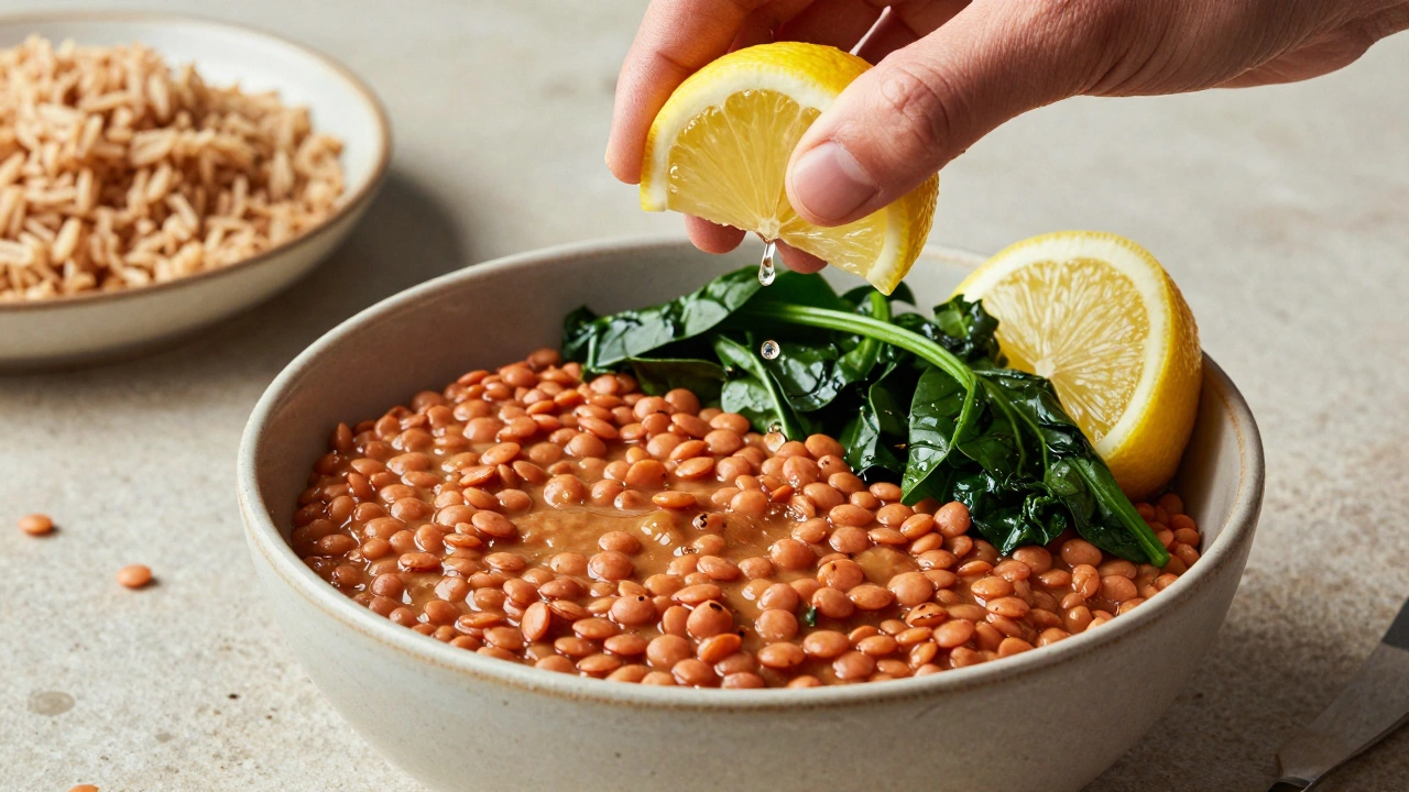 A bowl of red lentil dal with spinach and a fresh lemon squeeze
