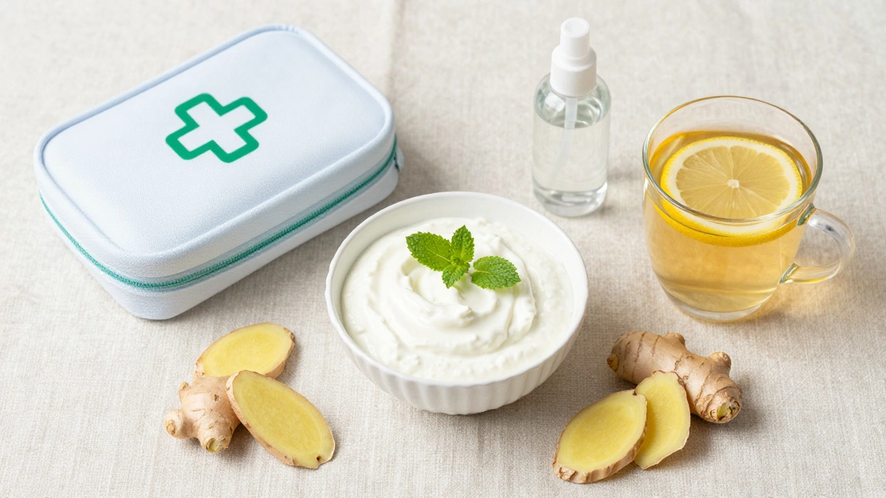 A healthy arrangement of Indian curd, fresh ginger, lemon tea, and hand sanitizer