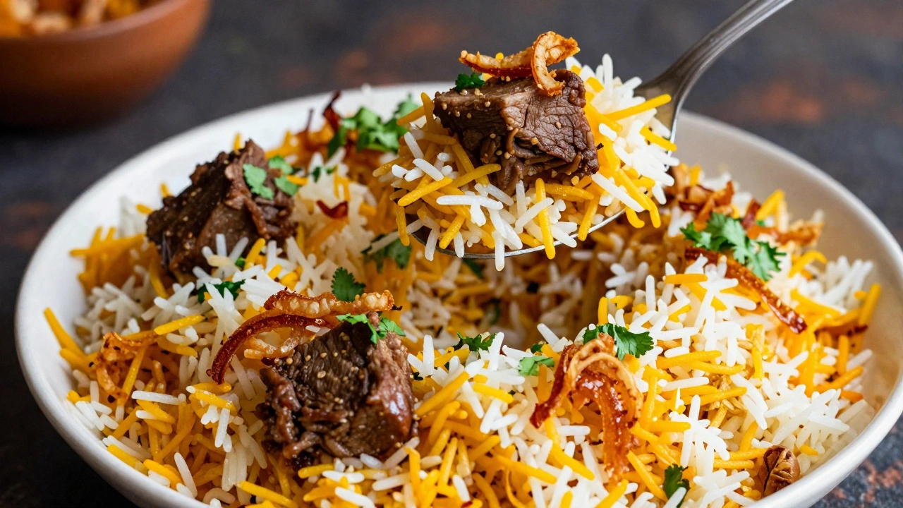 A spoonful of fluffy, aromatic biryani with separate grains of rice and meat