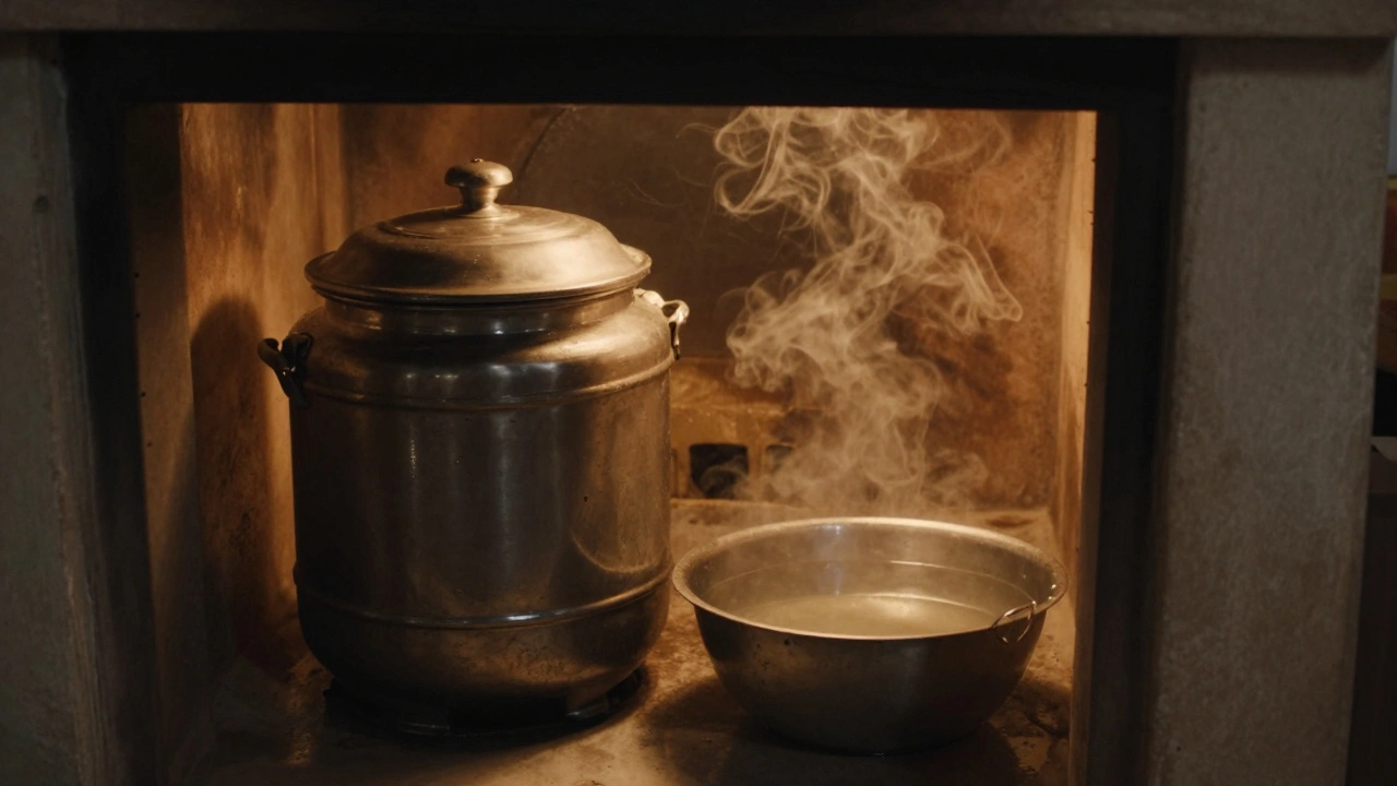 A steel batter vessel in a warm oven next to a bowl of hot water.
