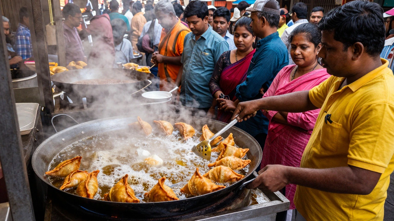 A street vendor frying fresh samosas with a crowd of locals waiting in line