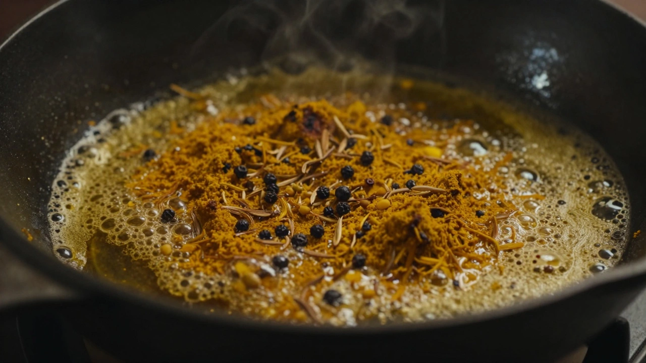 Close-up of turmeric and cumin seeds sizzling in ghee in a cast-iron skillet.