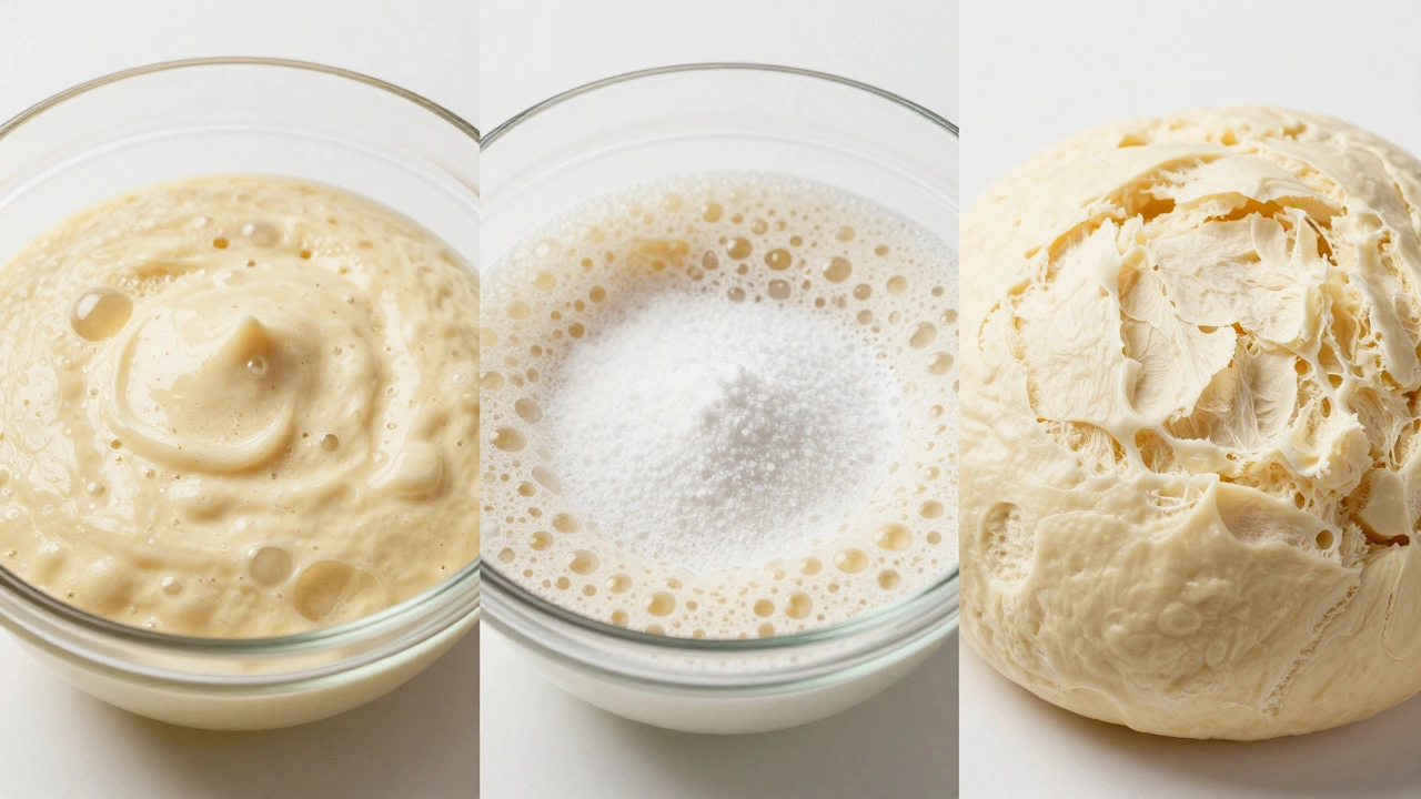 Comparison of three dosa batter textures: natural, baking soda, and yeast.