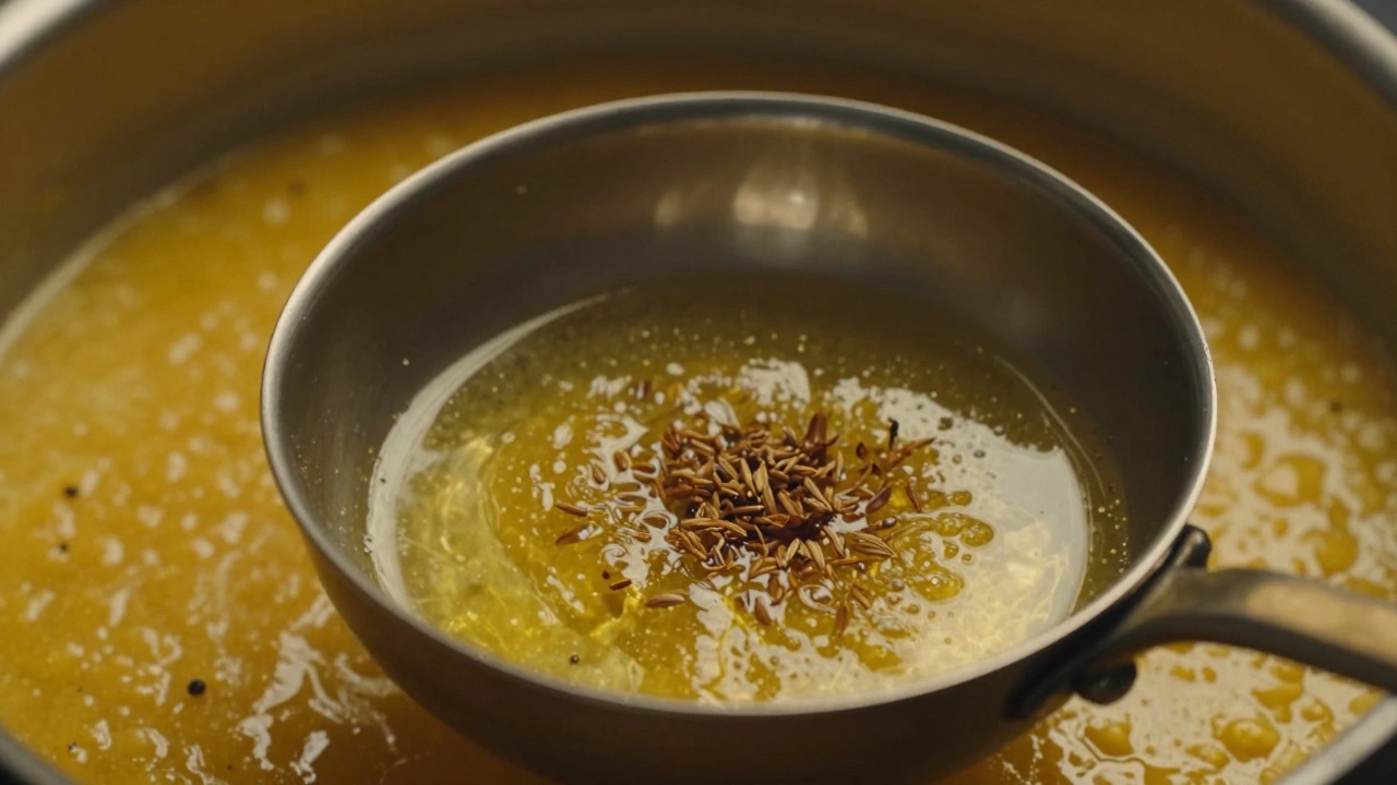Cumin seeds sizzling in golden ghee in a small pan