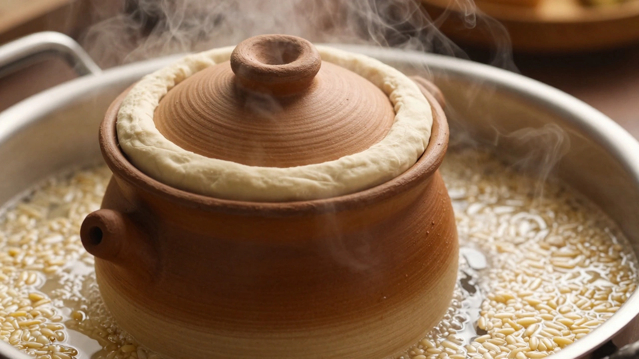 Traditional clay pot sealed with dough for Dum cooking with parboiled rice nearby
