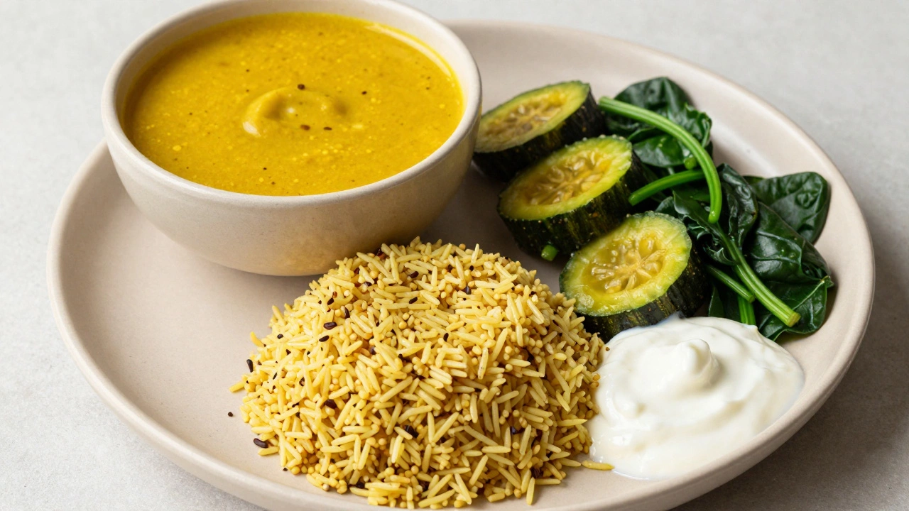 A balanced Indian meal with millet, dal, steamed vegetables, and yogurt on a plate.
