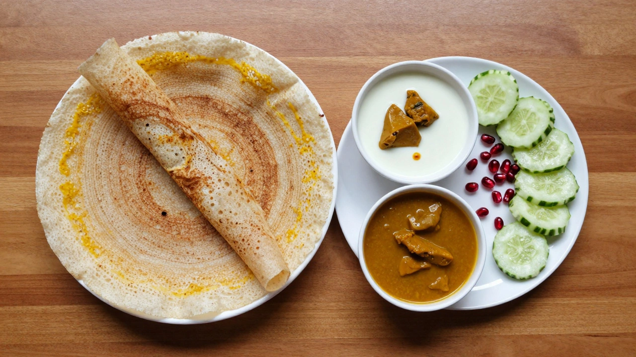 Balanced Indian breakfast plate with dosa, sambar, and vegetables
