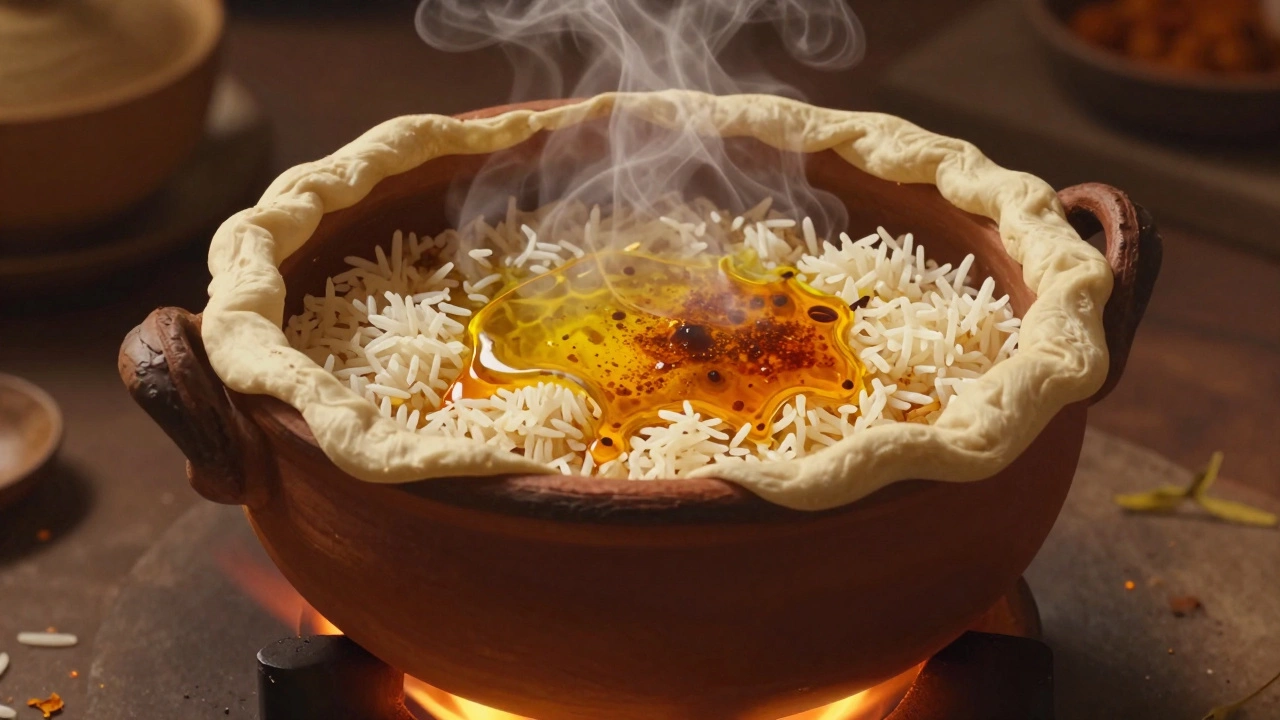 Clay pot sealed for dum cooking showing steam and ghee-infused spices inside.
