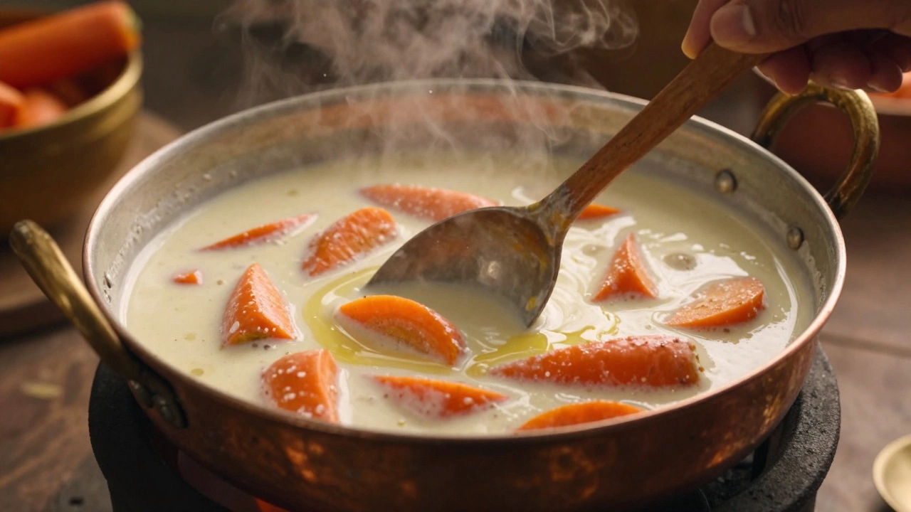 Close-up of carrots simmering in milk for traditional Gajar Ka Halwa