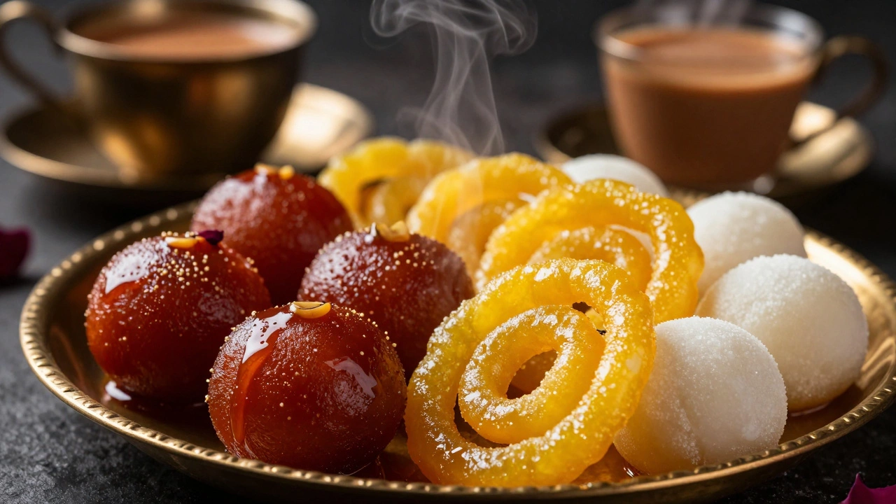 Close-up of traditional Indian sweets like Gulab Jamun and Jalebi on a brass plate