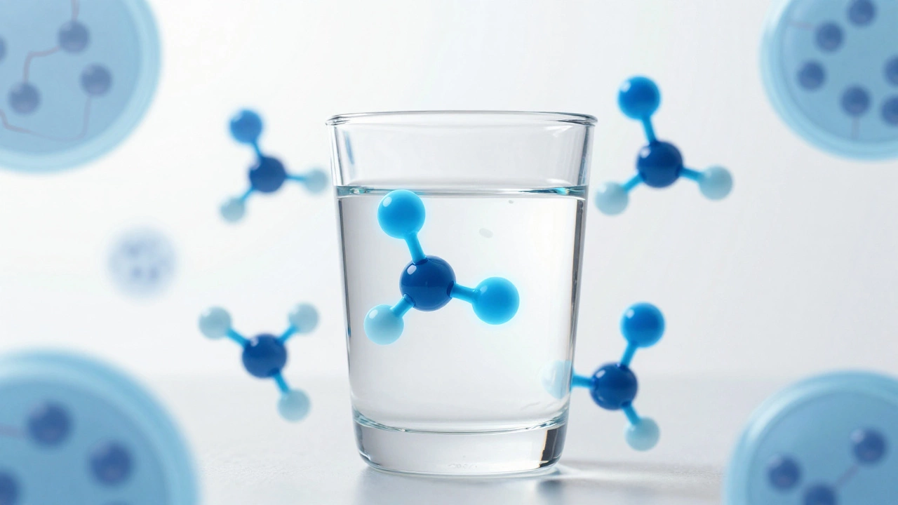 Conceptual art showing rice water with glowing inositol molecules and cells.