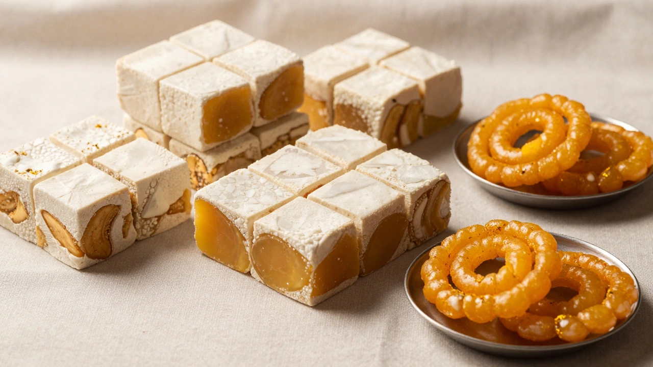 Elegant display of Kaju Katli cashew fudge and crispy Jalebi sweets
