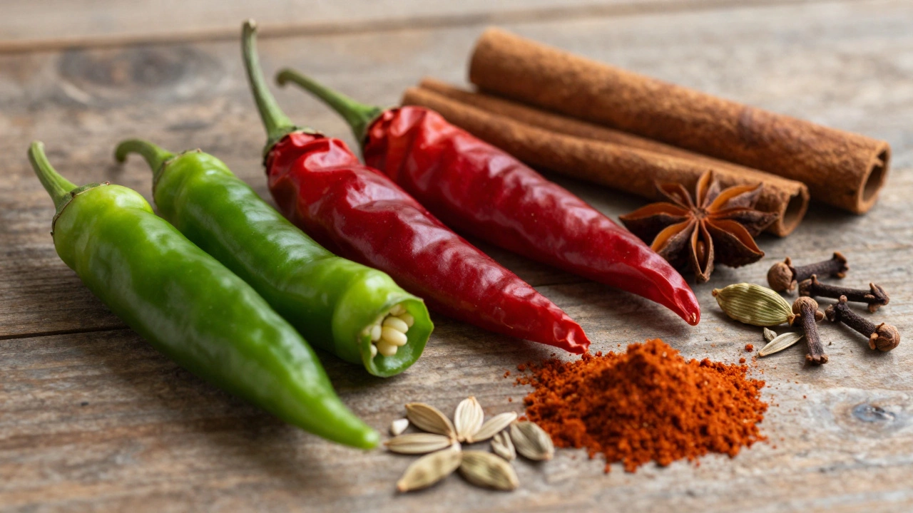 Fresh green chilies, dried red chilies, and whole spices like cardamom on wood.