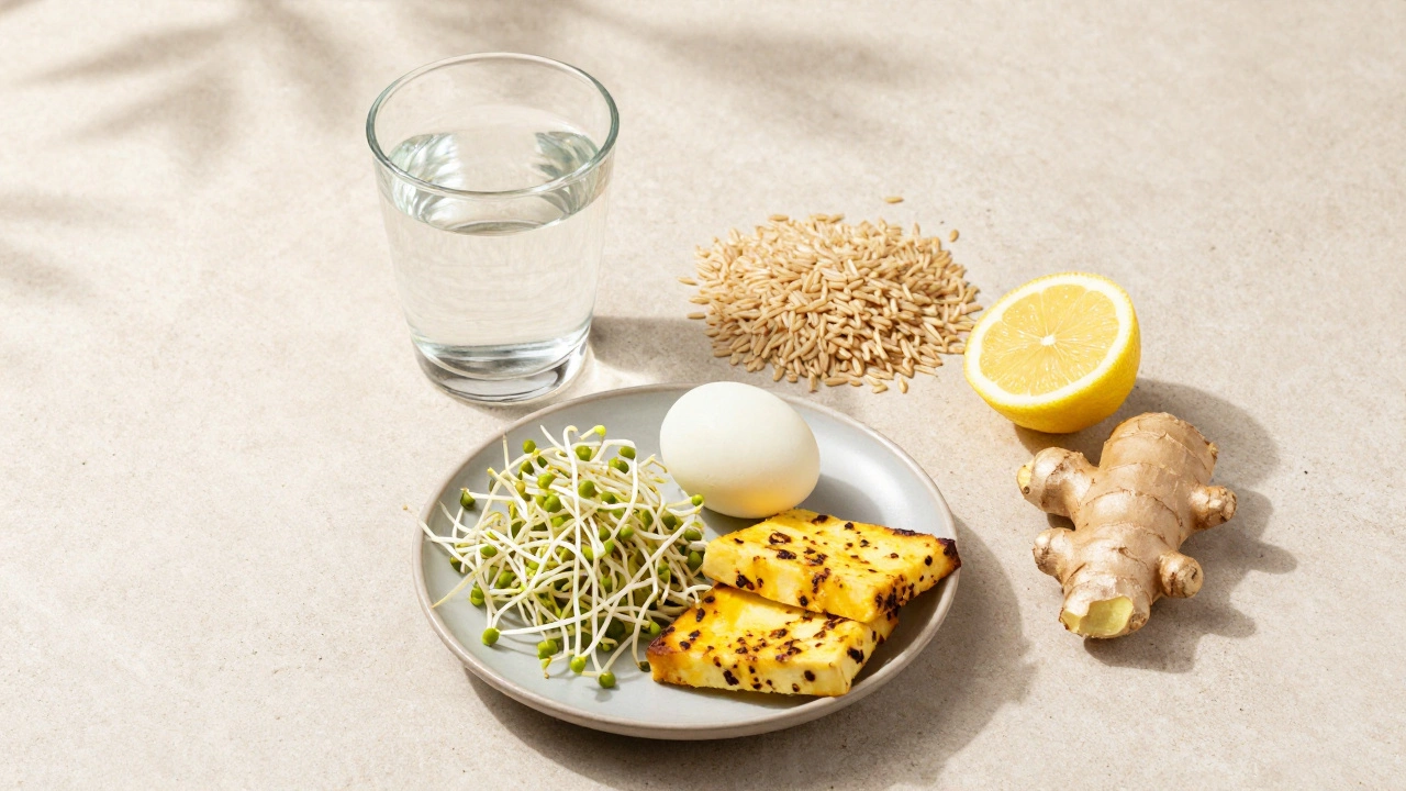 Glass of rice water beside healthy Indian breakfast like sprouts and eggs.