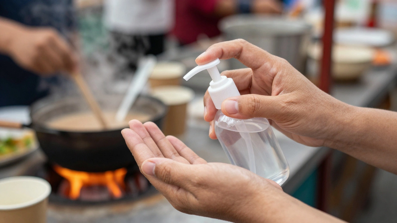 Hands using sanitizer before eating street food, with chai brewing in background.