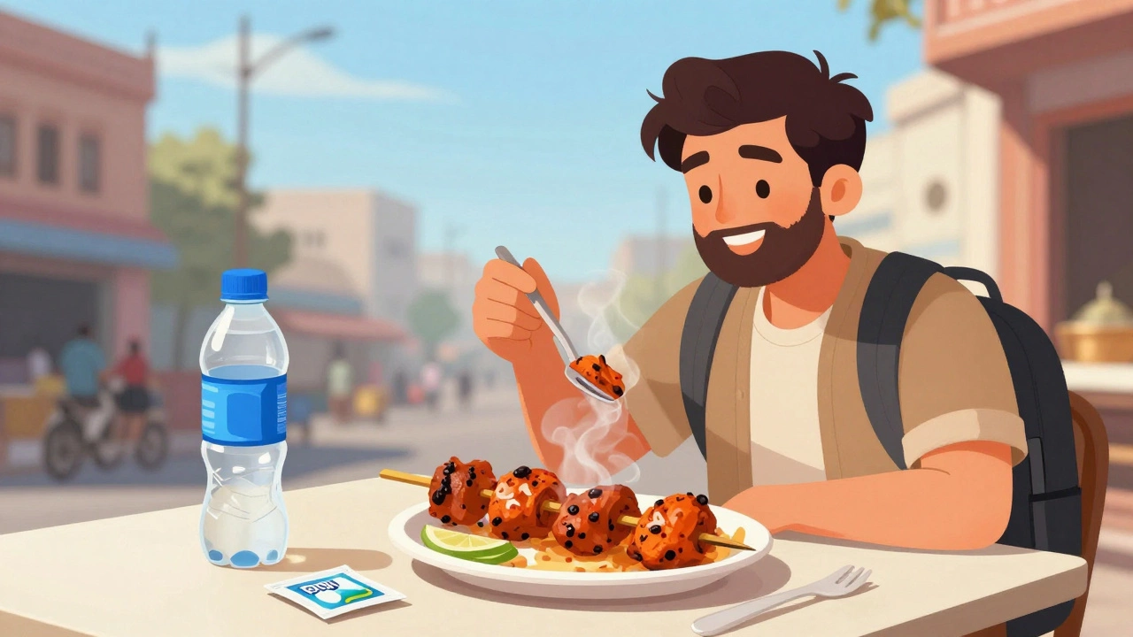 Happy traveler eating hot tandoori chicken with safe water and health supplies nearby.