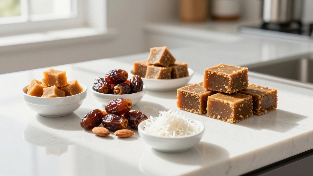 Healthy low-sugar Indian dessert ingredients including jaggery, dates, and coconut