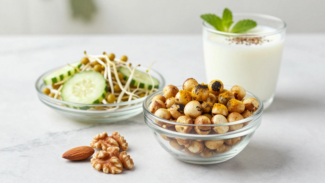 Healthy snacks including roasted makhana, sprouts, nuts, and buttermilk on a counter.
