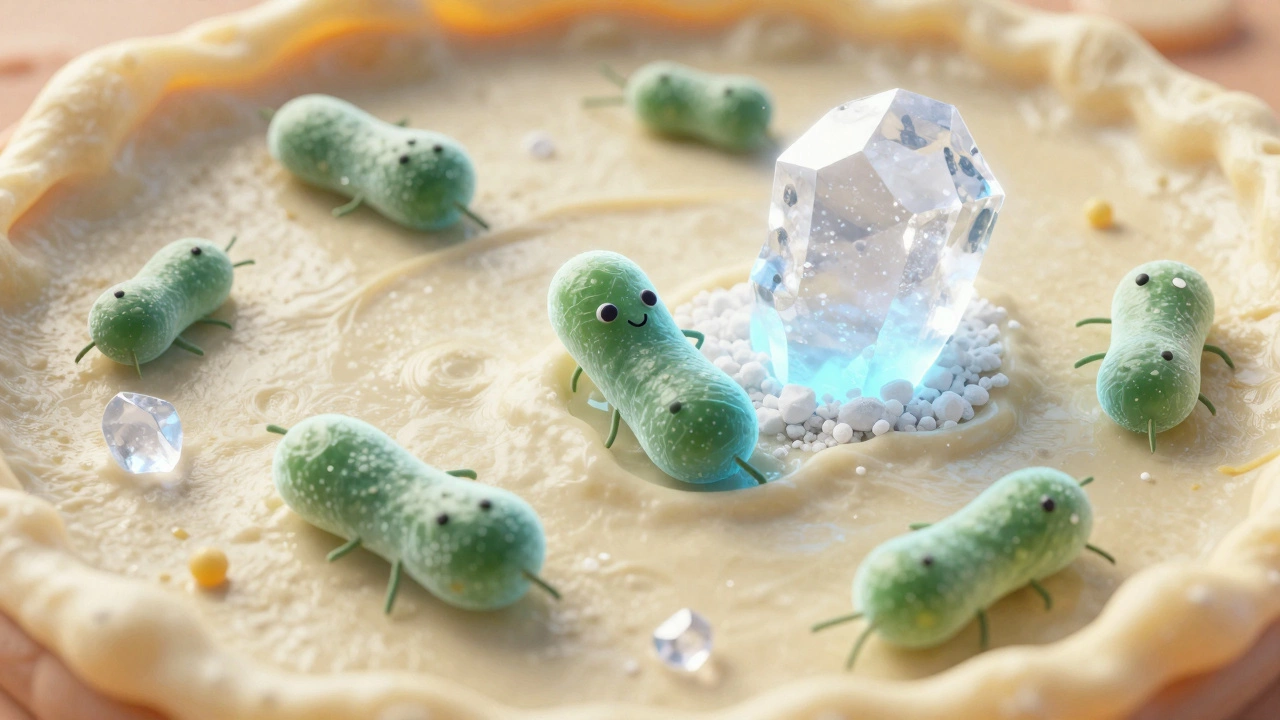 Illustration of bacteria and yeast reacting to salt crystals in fermenting batter
