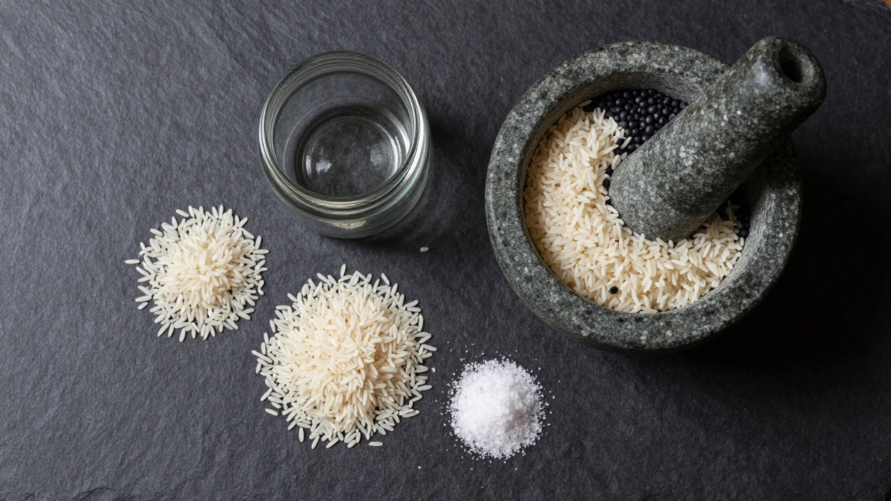 Top view of soaked rice, lentils, and salt arranged near a fermentation jar