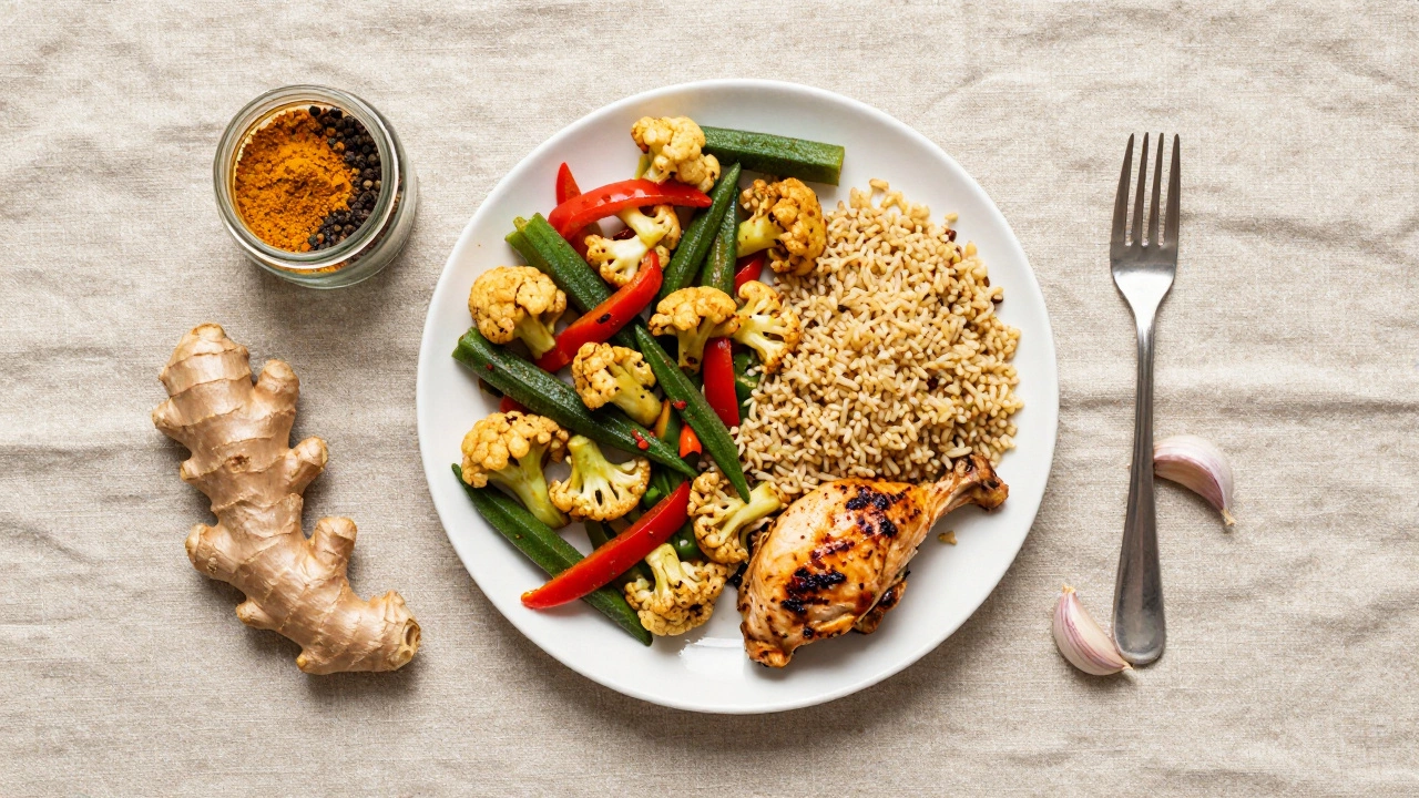 Balanced plate with veggie curry, brown rice, and spices