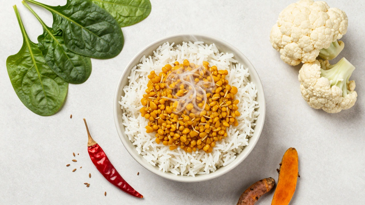 Bowl of dal and rice surrounded by fresh spices