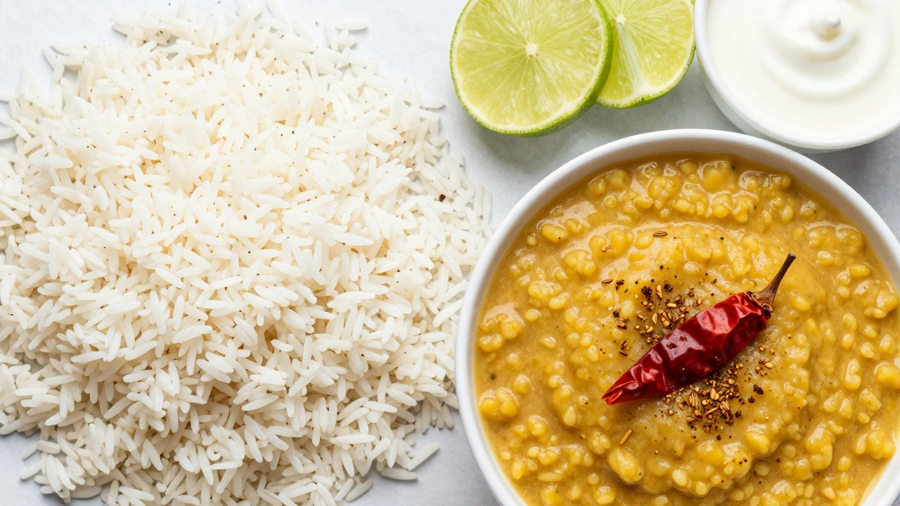 Bowl of dal paired with white rice, lime, and yogurt showing balanced nutrition