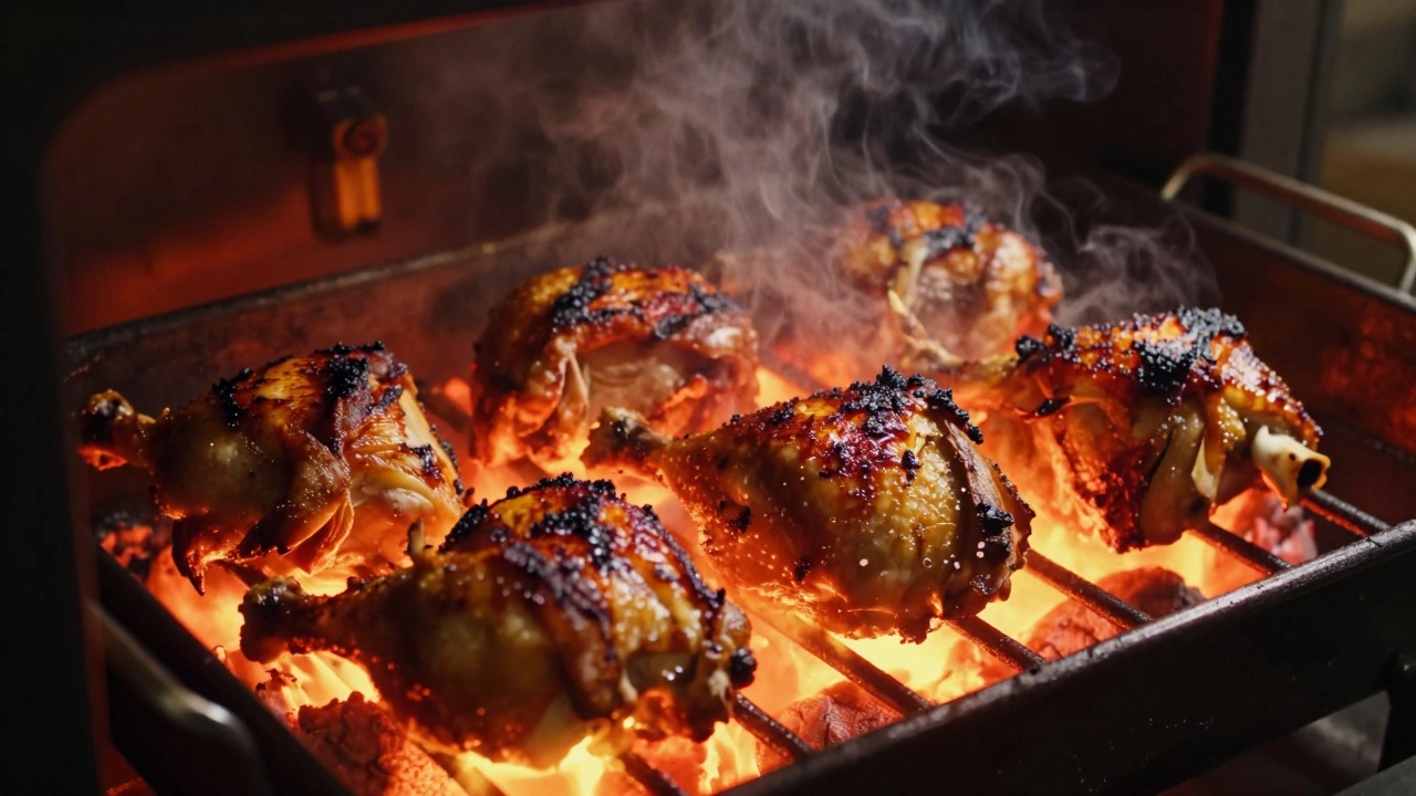 Chicken roasting in intense heat with charring skin