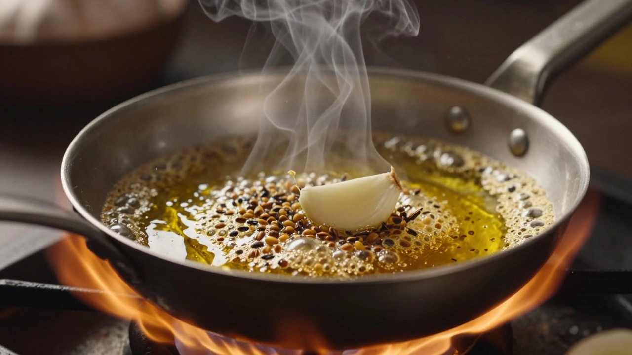 Cumin seeds and garlic sizzling in hot ghee for dal tadka