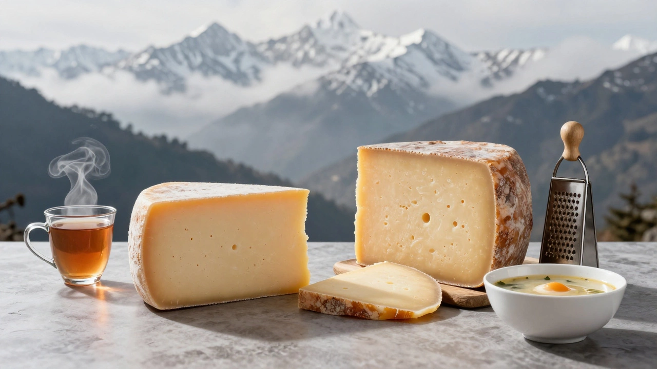 Fresh and aged Chhurpi yak milk cheese with tea