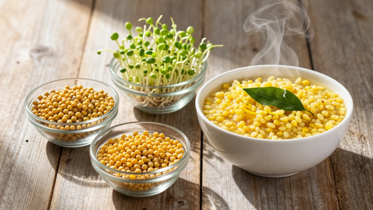 Glass bowls of dry and sprouted mung beans next to cooked sprouted dal