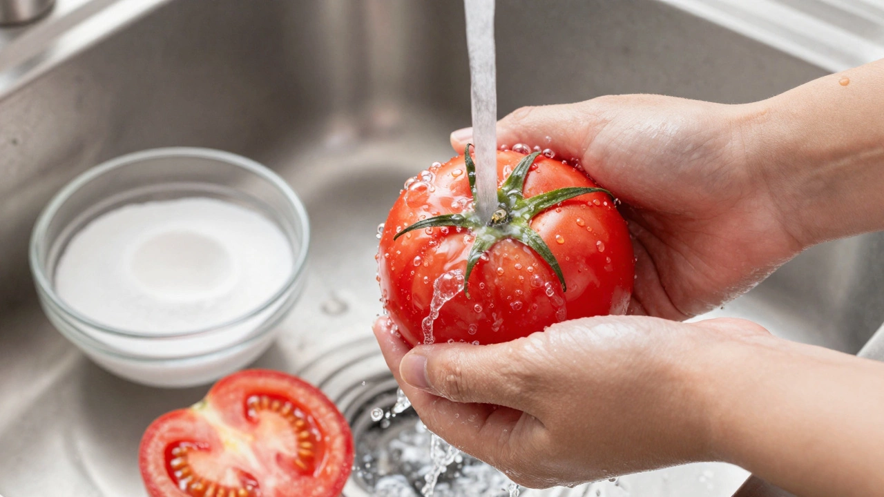 Hands washing tomato under running water with baking soda bowl