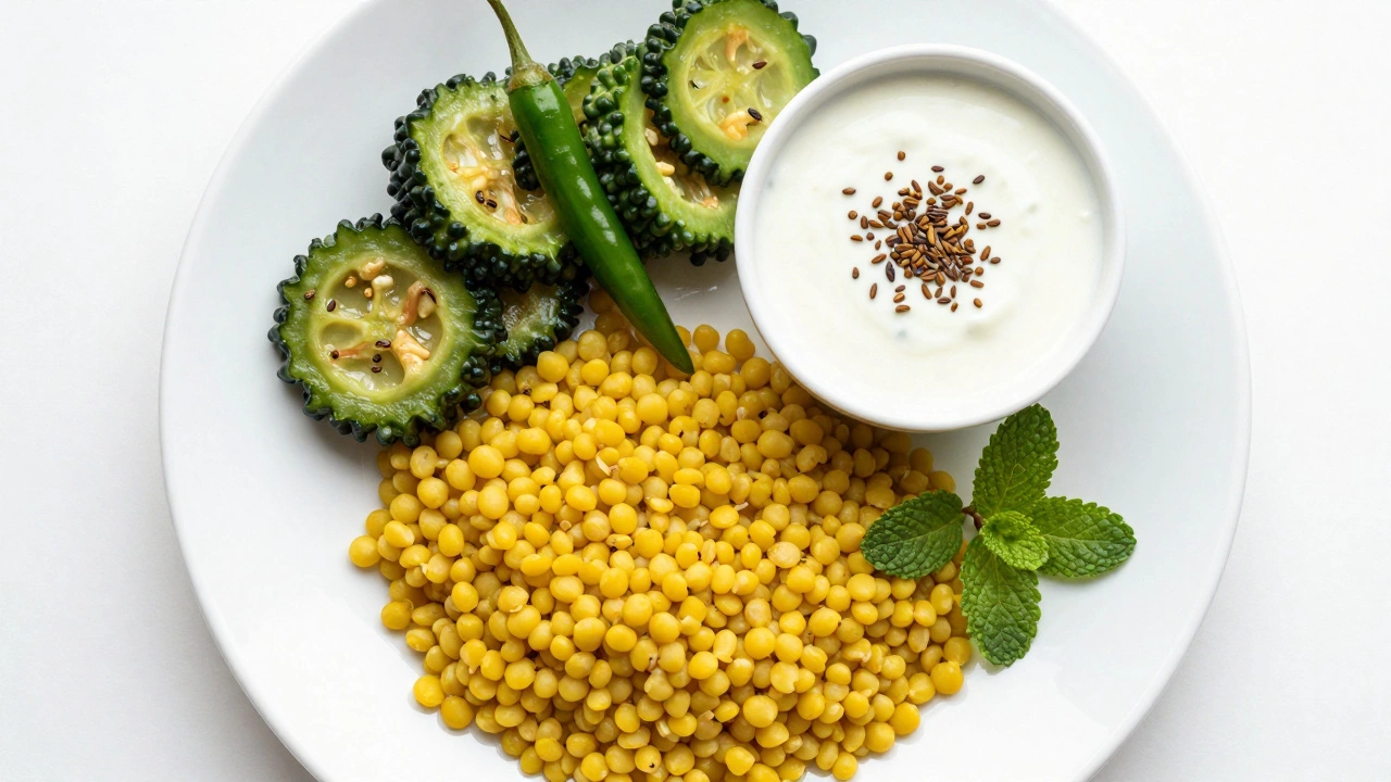 Healthy Indian meal with dal, vegetables, and curd